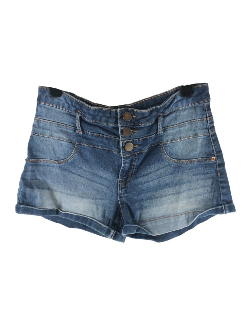 No Boundaries Womens Mid Rise Denim Shorts Button Fly Size 13 Blue Stretchy - Picture 1 of 5